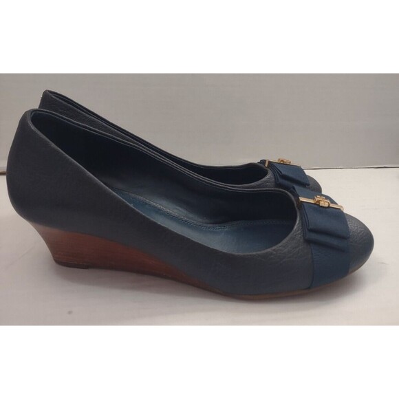 Tory Burch Size 7M Trudy Closed Toe Wedge Leather Crossgrain Navy - Picture 6 of 9